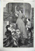 Original Old Antique Print 1865 Christmas Time Family Children Holly Fine Art