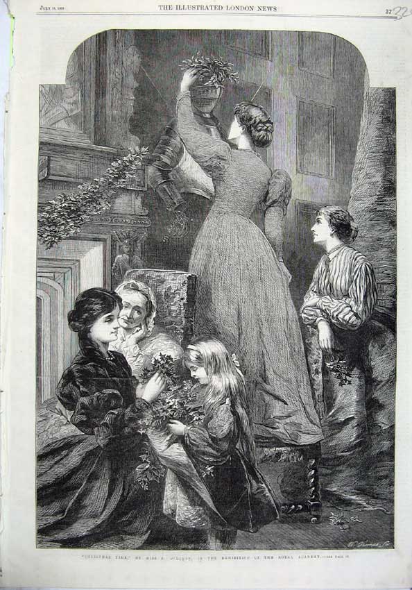 Original Old Antique Print 1865 Christmas Time Family Children Holly Fine Art