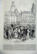 Original Old Antique Print 1865 View English Excursionists Calais France Street