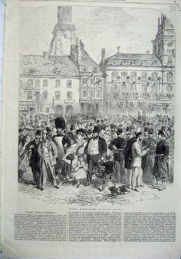 Original Old Antique Print 1865 View English Excursionists Calais France Street