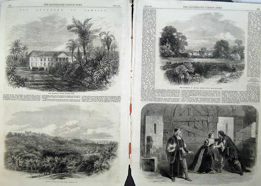 Old Antique Print 1865 Jamaica Governor House Morant Bay Theatre Maroon 19th