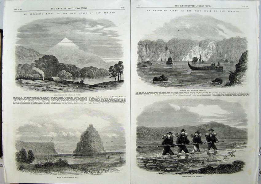 Original Old Antique Print 1865 New Zealand Wanganui River Teramakau Boat Men