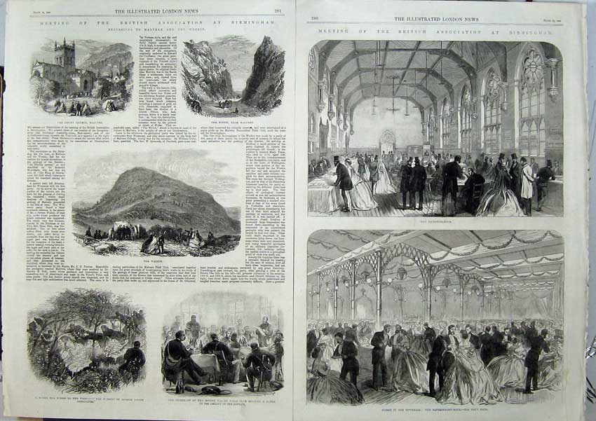 Old Antique Print 1865 Birmingham Townhall Wrekin Priory Church Malvern 19th