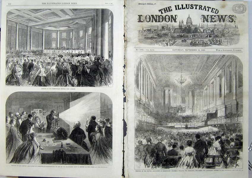 Antique Old Print 1865 Birmingham Professor Phillips Library Townhall Art 19th
