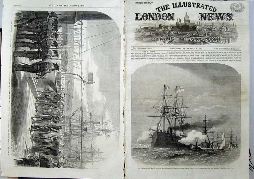 Old Antique Print 1865 Naval Festival Portsmouth Solferino Ship Hortense 19th