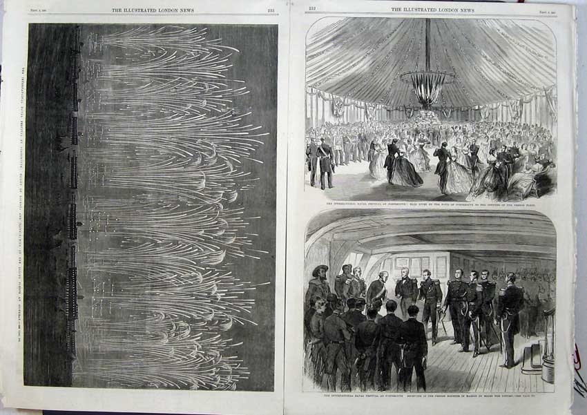 Old Antique Print Naval Festival Portsmouth 1865 Victory Ship Fireworks 19th