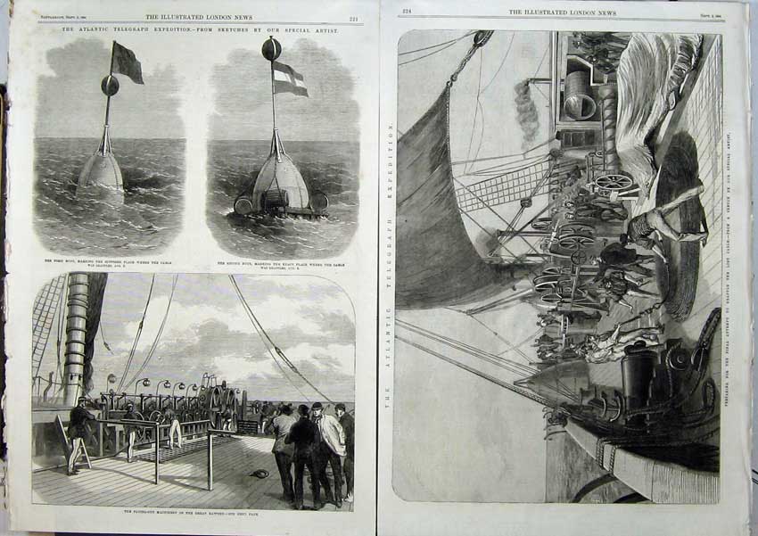 Old Antique Print Atlantic Telegraph Expedition 1865 Cable Buoy Ship Art 19th