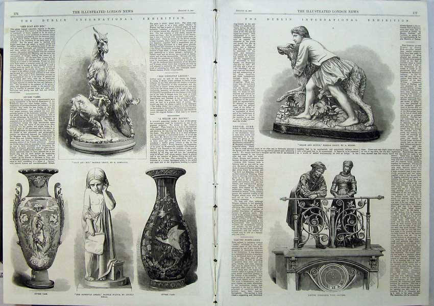 Old Antique Print Dublin Exhibition 1865 Statue Sevres Vase Goat Marble 19th