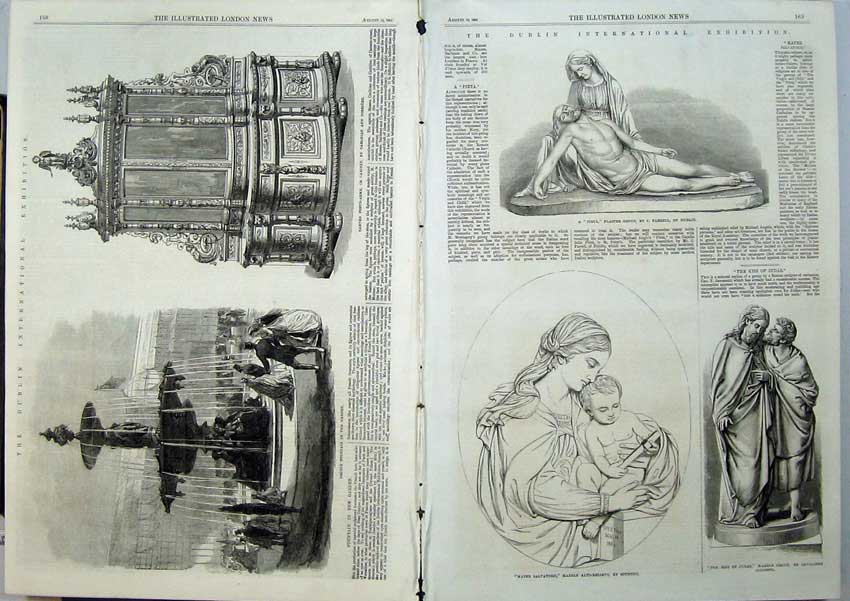 Original Old Antique Print 1865 Dublin Exhibition Marble Bronze Fountain Judas