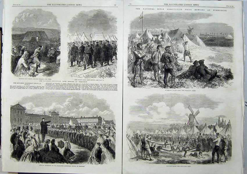 Old Antique Print Wimbledon Rifle 1865 Highland Games Races School Camp 19th