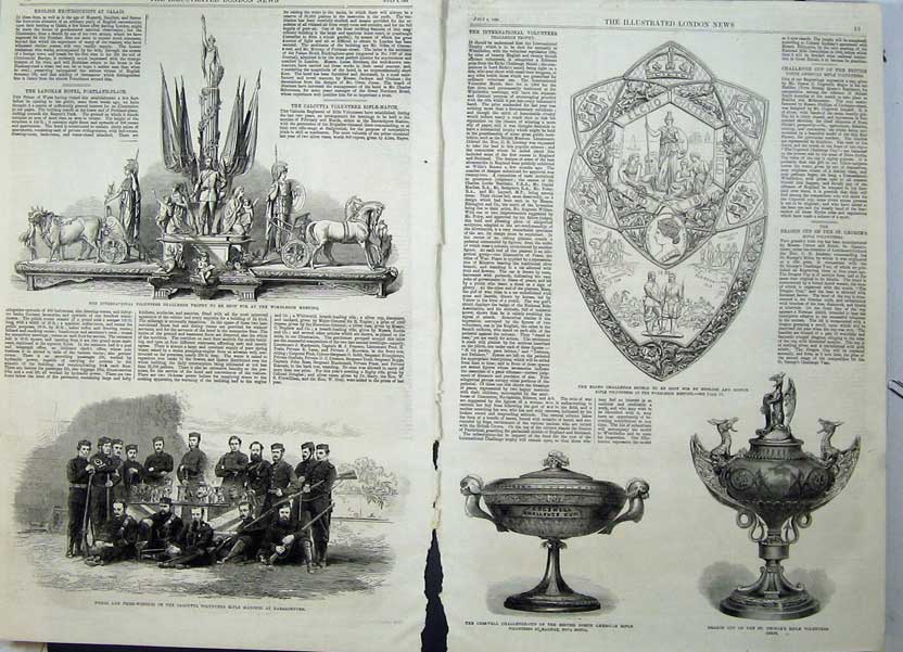 Old Antique Print 1865 Rifle Volunteer Trophy Barrackpore Cup Shield Art 19th