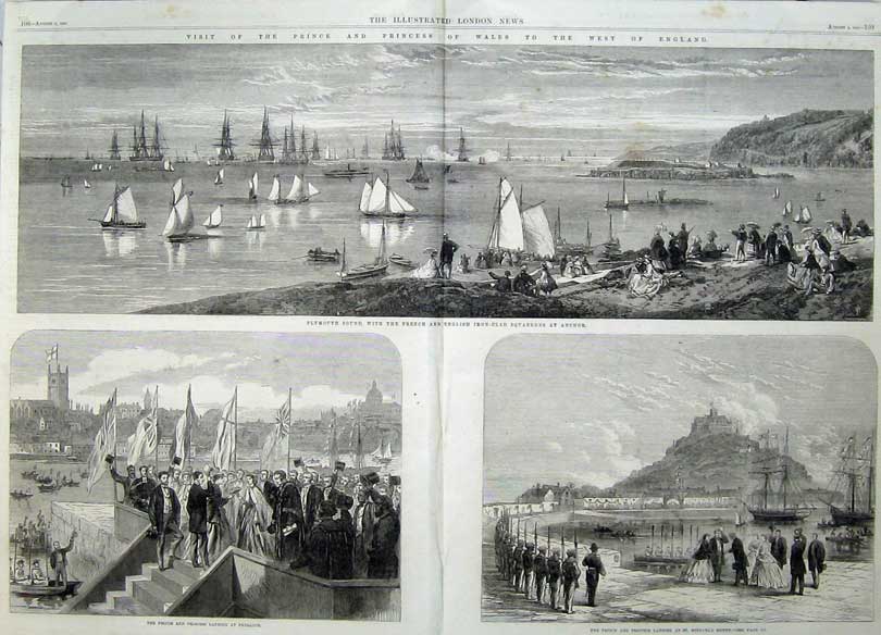 Antique Old Print 1865 Prince Wales England Plymouth Ships Penzance Mount 19th