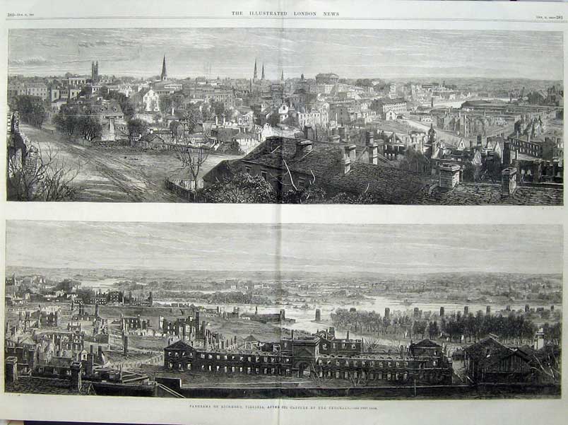 Original Old Antique Print 1865 Panorama View Richmond Virginia Federals War