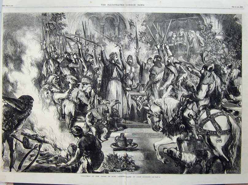 Old Antique Print Fine Art 1865 Christmas Court King Arthur Knight Words 19th
