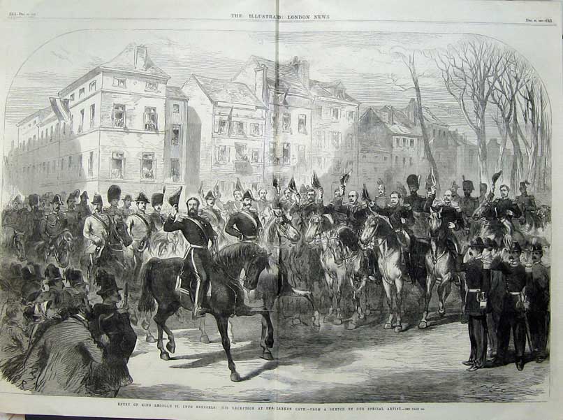 Original Old Antique Print 1865 King LeopBrussels Laeken Gate Horses Army Art