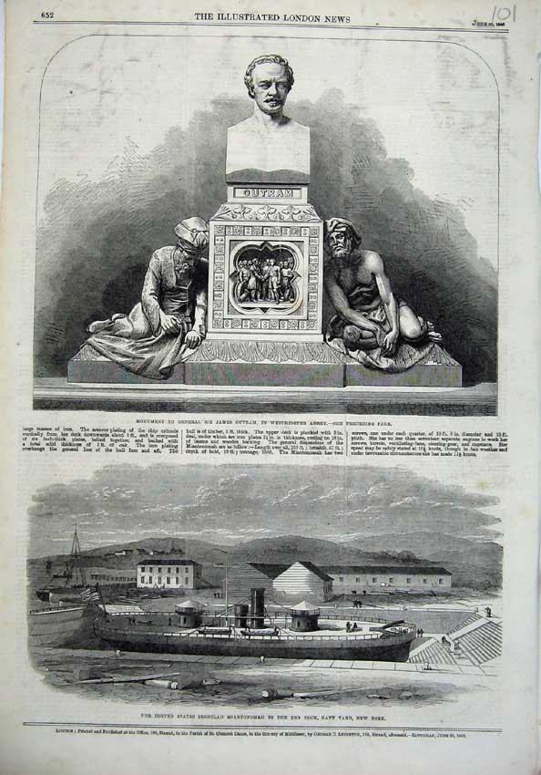 Old Antique Print 1866 Monument James Outram Westminster Miantonomah Ship 19th