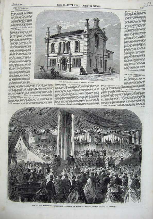 Old Antique Print Townhall Suffolk 1866 Edinburgh School Ship Liverpool 19th