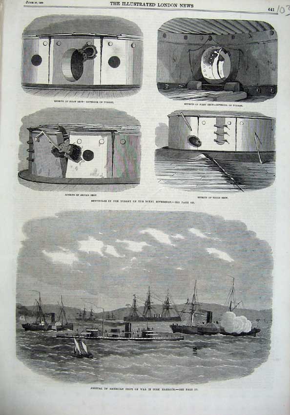 Old Antique Print Shotholes Turret Sovereign Ship 1866 American War Cork 19th