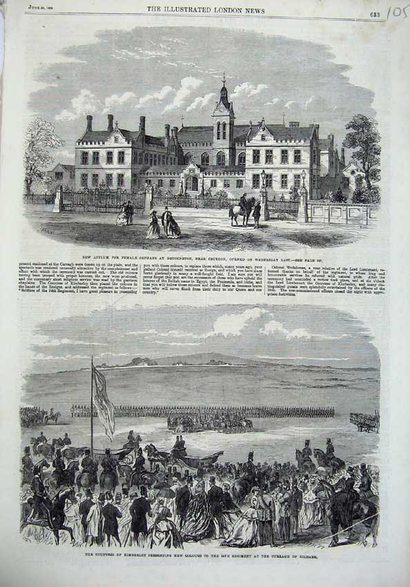 Old Antique Print 1866 Asylum Orphans Croydon Kimberley Curragh Kildare 19th