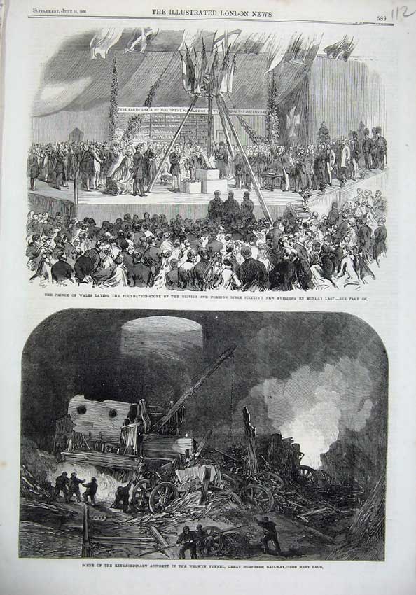 Old Antique Print 1866 Welwyn Tunnel Northern Railway Foreign Bible Wales 19th