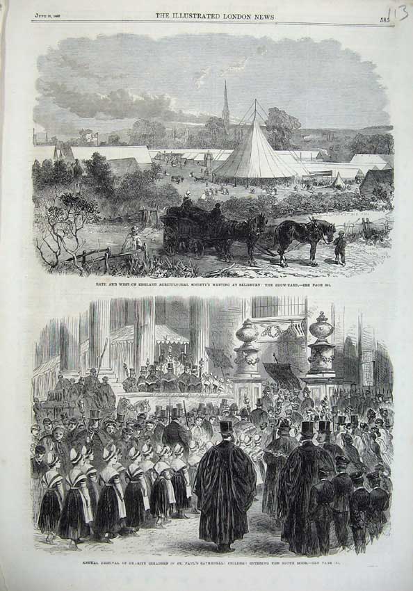 Old Antique Print Bath Agricultural Salisbury1866 Paul Cathedral Children 19th