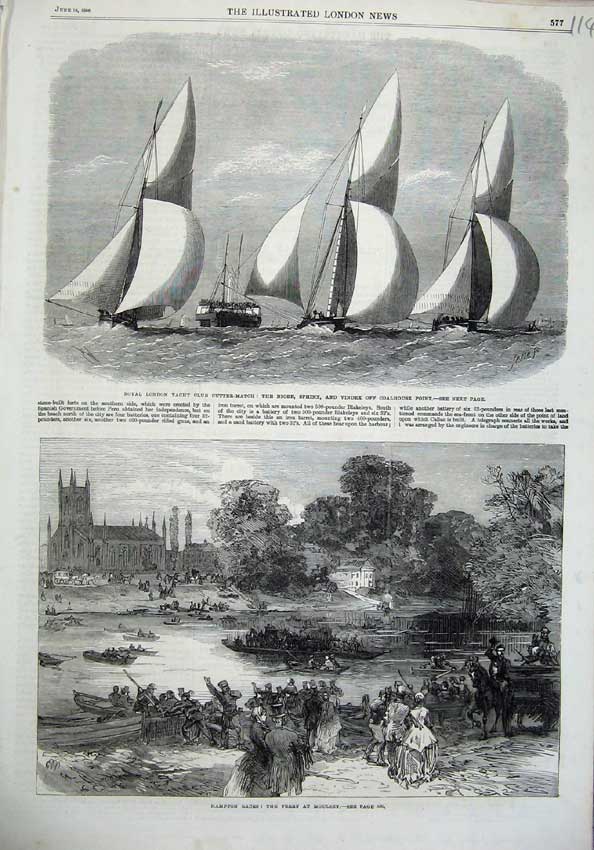 Old Antique Print London Yacht Club Niobe Sphinx 1866 Hampton Races Ferry 19th