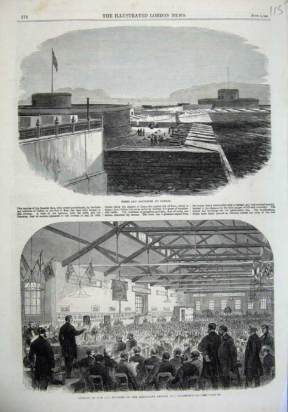 Old Antique Print Forts Batteries Callao 1866 Building Refuge School Art 19th