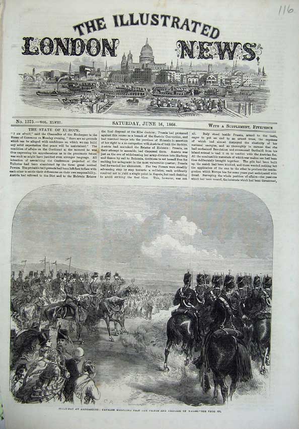 Old Antique Print 1866 Field-Day Aldershot Cavalry Prince Wales Marching 19th