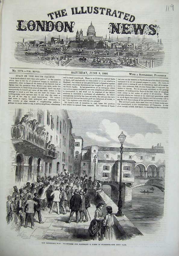 Original Old Antique Print 1866 War Volunteers Garibaldi Florence Bridge River