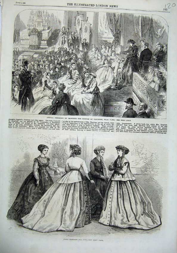 Old Antique Print Paris Fashion 1866 Ceremony Crowning Rosiere Nanterre 19th