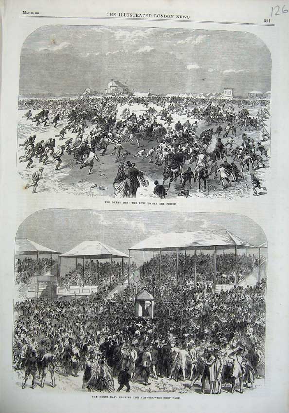 Original Old Antique Print 1866 Derby Horse Races Sport Numbers Grand Stand Art