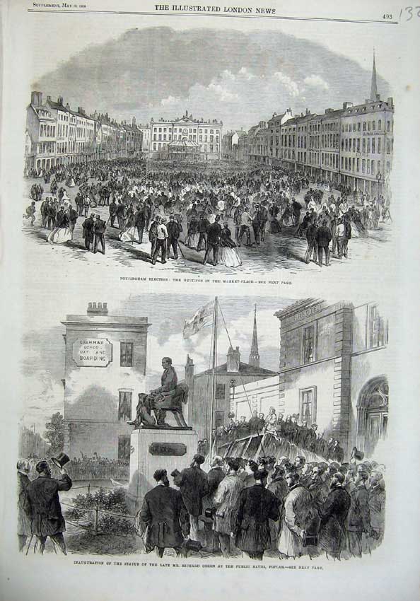 Old Antique Print Nottingham Election Market-Place 1866 Statue Green Bath 19th