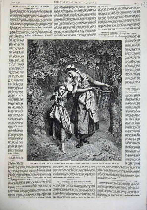 Original Old Antique Print 1866 Happy Mother Children Basket Country Fine Art
