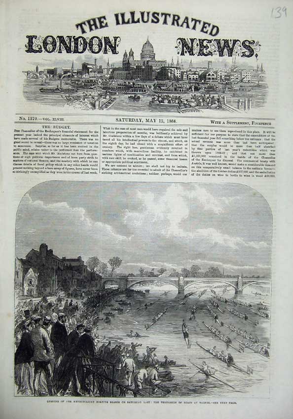 Old Antique Print 1866 Metropolitan Boating Procession Boats Barnes Sport 19th
