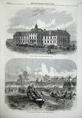 Old Antique Print Royal Surrey Hospital 1866 Isis Life Boat Launch Oxford 19th