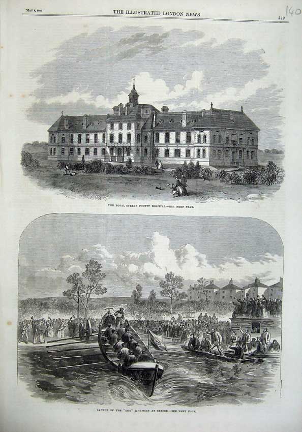 Old Antique Print Royal Surrey Hospital 1866 Isis Life Boat Launch Oxford 19th
