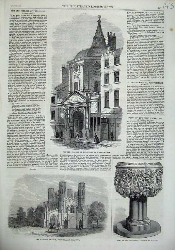 Old Antique Print 1866 College Physicians Warwick Garrison Church Naples 19th