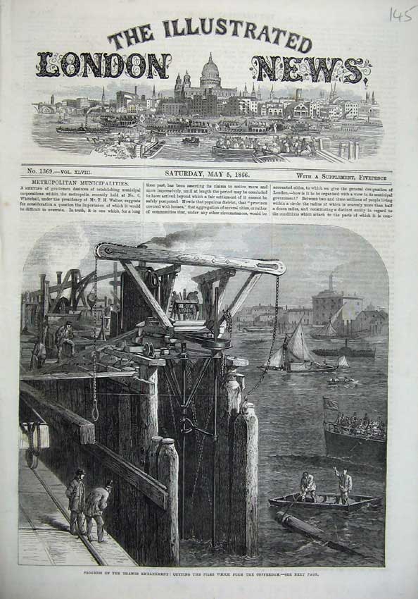Old Antique Print 1866 Thames Embankment Cofferdam Yacht Ship River Art 19th