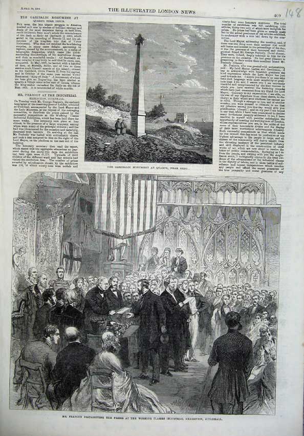 Original Old Antique Print Garibaldi Monument Quarto 1866 Peabody Guildhall Art