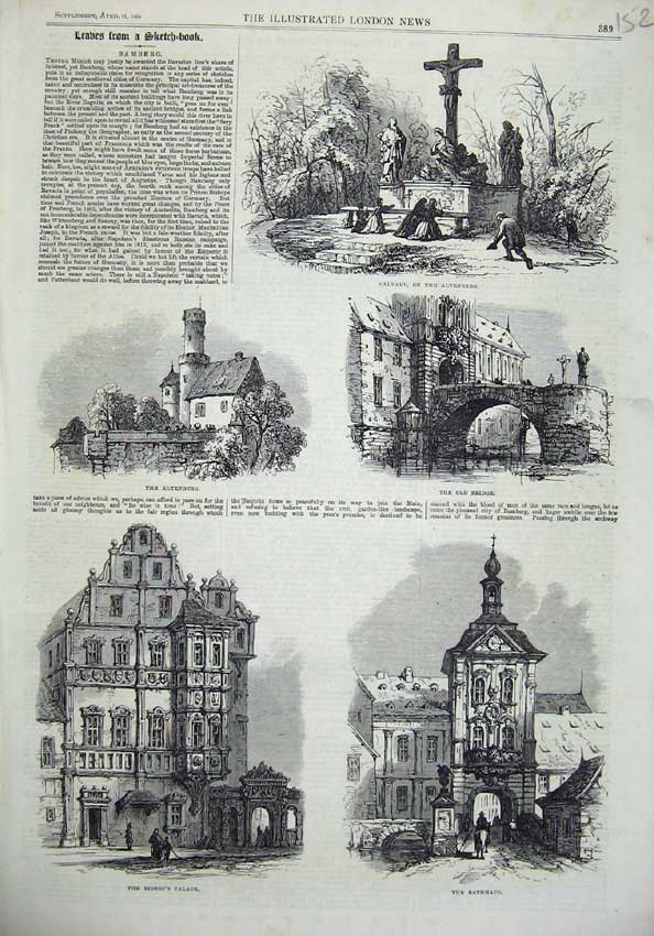 Original Old Antique Print 1866 Bamberg Bishop Palace Altenberg Bridge Rathhaus