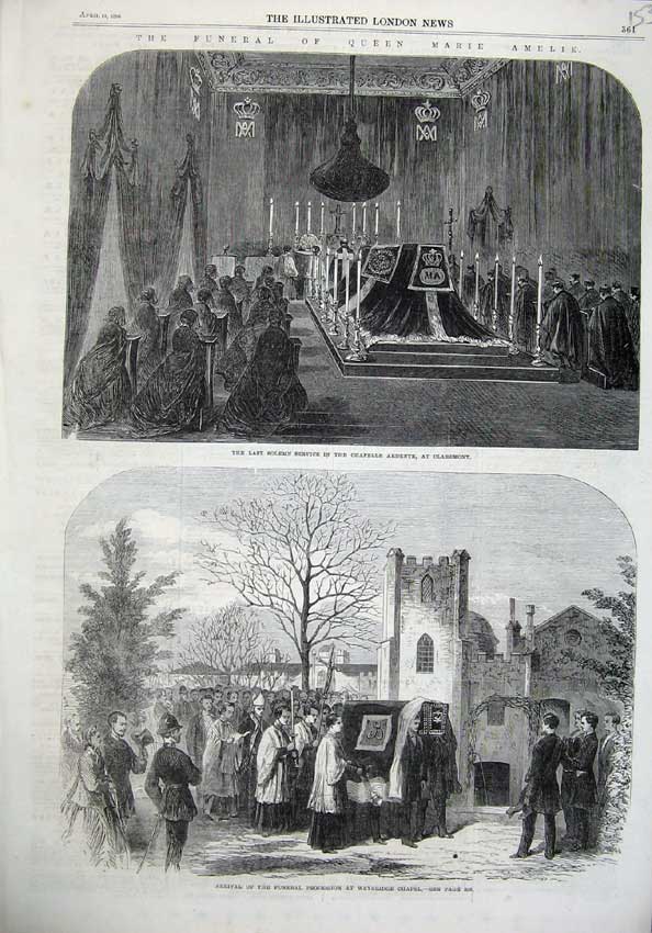 Original Old Antique Print Funeral Queen Marie Amellie 1866 Ardente Weybridge