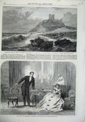 Original Old Antique Print Bamborough Castle 1866 Haymarket Theatre Man Woman