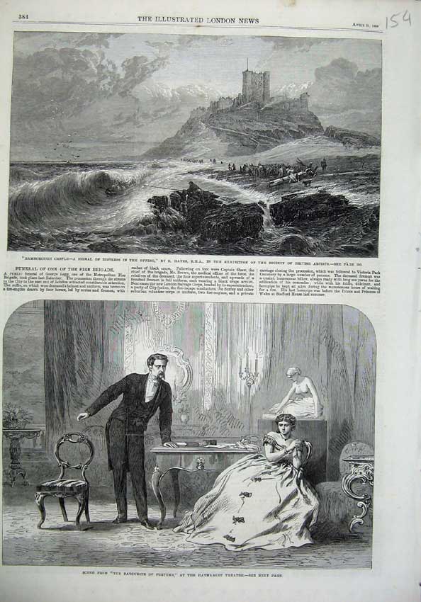 Original Old Antique Print Bamborough Castle 1866 Haymarket Theatre Man Woman