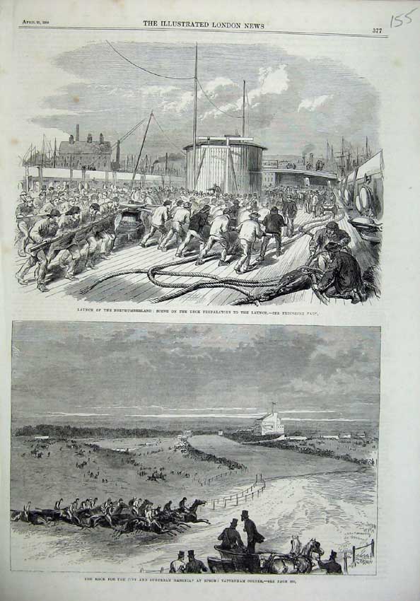 Original Old Antique Print 1866 Northumberland Ship Deck 1866 Horse Race Epsom