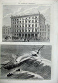 Original Old Antique Print 1866 Lewis Silk Warehouse Conduit Ship Alarm Belfast