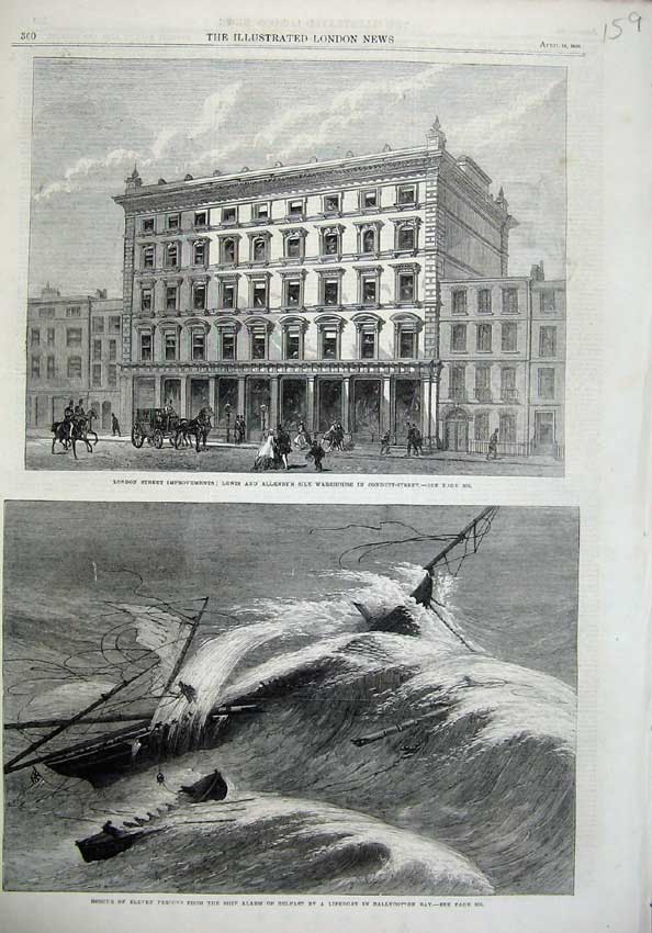Original Old Antique Print 1866 Lewis Silk Warehouse Conduit Ship Alarm Belfast