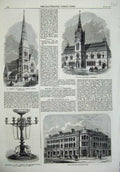 Old Antique Print Townhall Dumbarton 1866 Church Buildings Hull Denison 19th