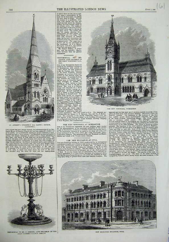 Old Antique Print Townhall Dumbarton 1866 Church Buildings Hull Denison 19th