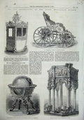 Old Antique Print 1866 Kensington Museum Carriage Sedan Chair Pulpit Pisa 19th
