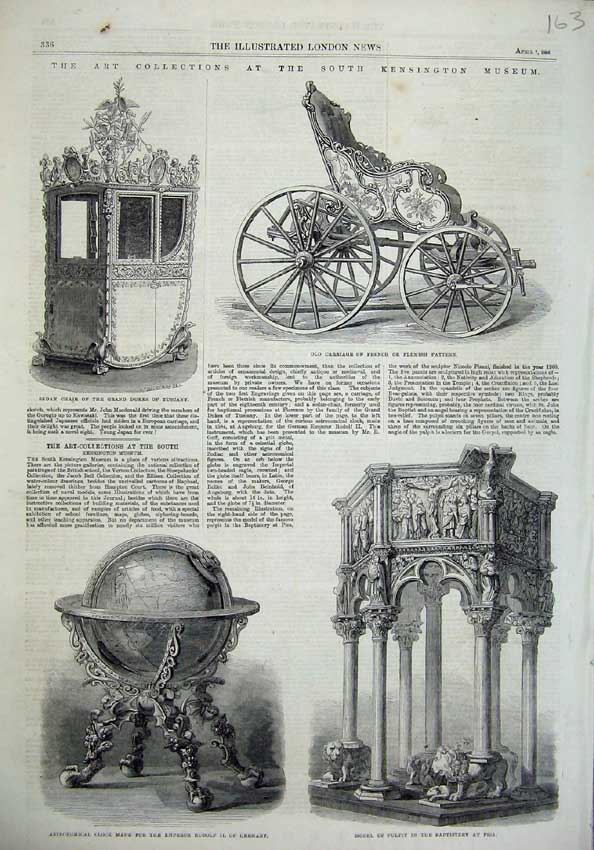 Old Antique Print 1866 Kensington Museum Carriage Sedan Chair Pulpit Pisa 19th